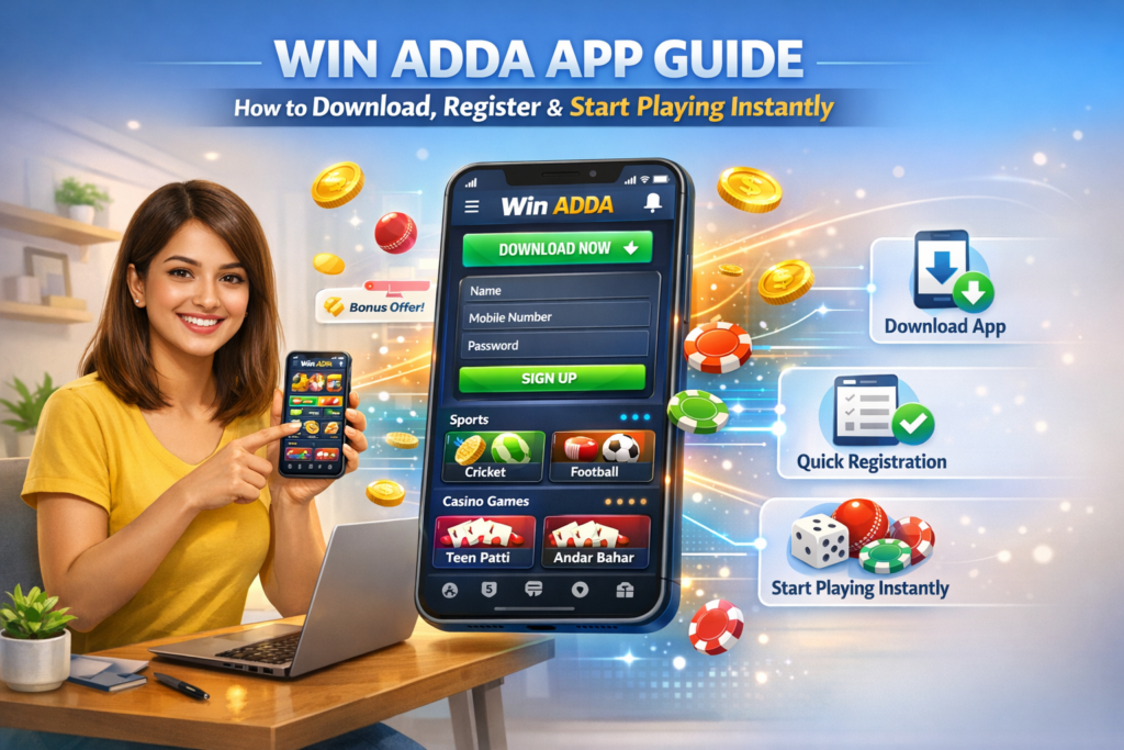 Win Adda App Guide showing how to download the Win Adda app, complete registration, and start playing online games with easy step-by-step instructions.