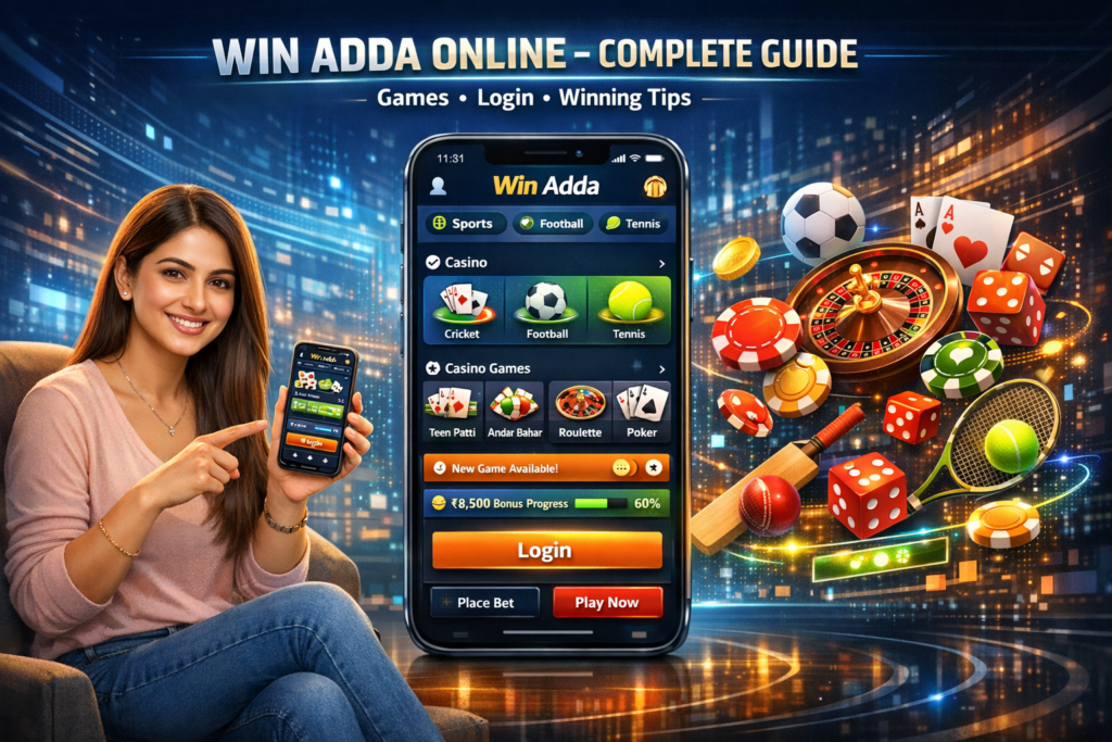 Win Adda online guide showing app dashboard, popular casino and betting games, login process steps, and smart winning tips for new players using the WinAdda platform.
