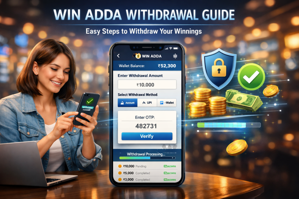 Step-by-step Win Adda withdrawal guide showing how to withdraw winnings from the WinAdda app, including secure account access, withdrawal request process, and fast payout instructions.