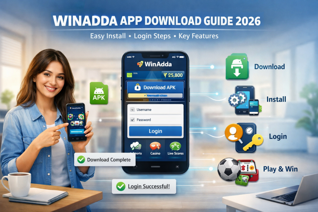 WinAdda App Download Guide 2026 showing easy install and login steps on smartphone for quick access to WinAdda platform, online cricket ID, betting features, and secure account setup.
